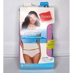 Hanes 6 Pure Comfort Tagless Hipsters 100% Organic Cotton Size 8